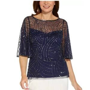 Adrianna Papell Navy Blue Beaded Mesh Overlay Sheer Flutter Sleeve Top Size 10